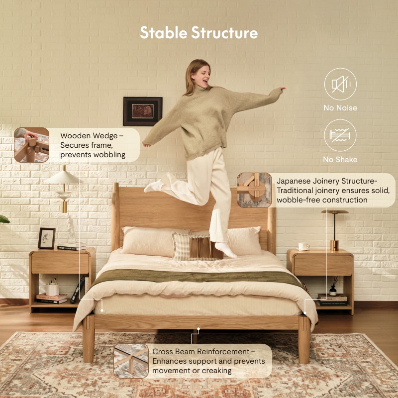 FlexiSpot Kana Retro Japanese Joinery Bed | Solid Wood Bed Frame